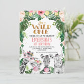 Gezeichnet Safari Animals Floral Wild Einen Geburt Einladung (Stehend Vorderseite)