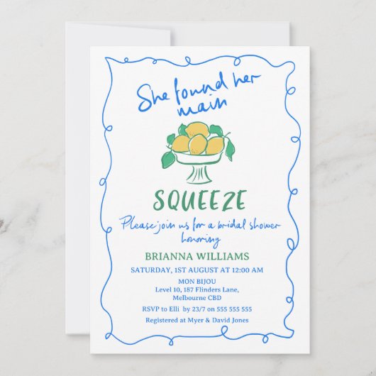 Gezeichnet Whimsical Main Squeeze Lemon Brautparty Einladung (Vorderseite)