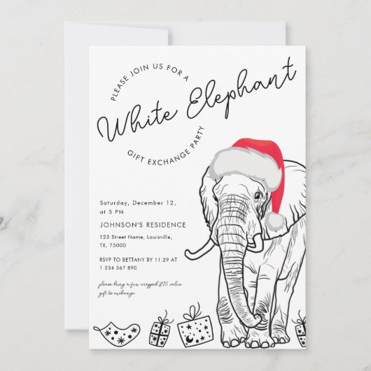 Gezeichnet White Elephant Geschenk Austausch Weihn Einladung (Vorderseite)