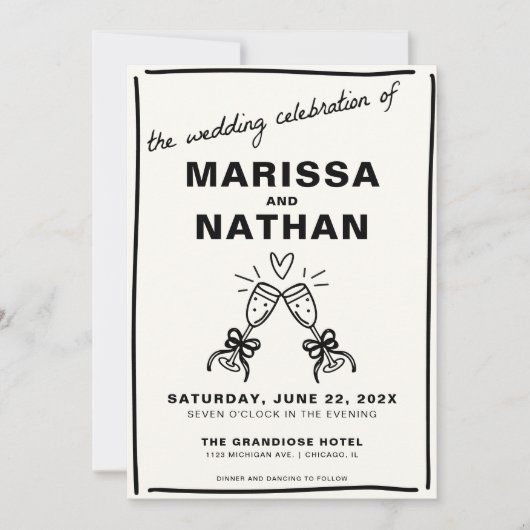 Gezeichnet zusammen Champagne Wedding Einladung (Vorderseite)