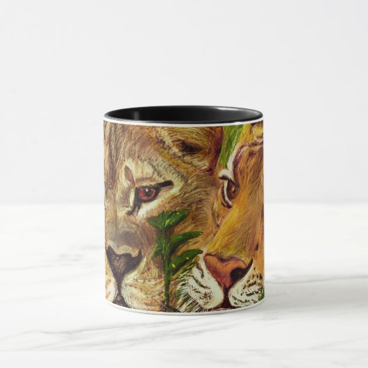 Gezeichnetes Porträt des Löwes u. des Tigers Hand Tasse (Zentrum)