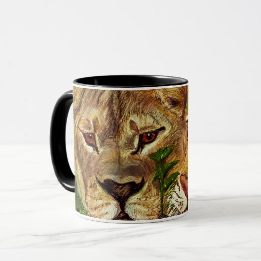 Gezeichnetes Porträt des Löwes u. des Tigers Hand Tasse (Vorderseite Links)