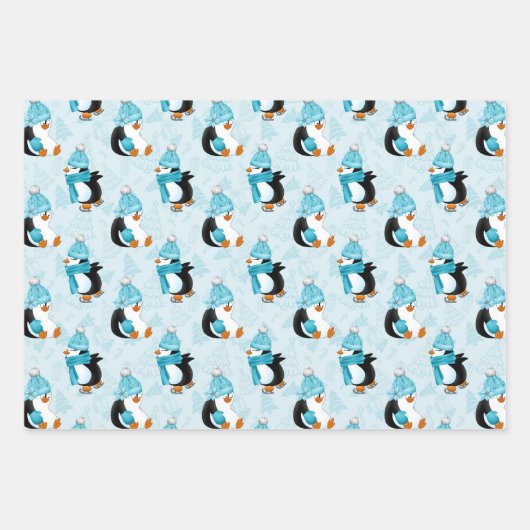 Gezinkte Pinguine Weihnachtsblumenmuster Geschenkpapier Set (Vorderseite 3)