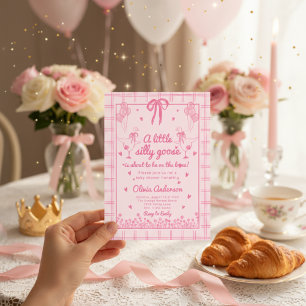 Gezogene alberne Gans rosa Gingham-Schleife Baby S Einladung
