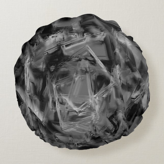 gezogene Quadrate, graue und schwarze Pinselstrich Rundes Kissen (Rückseite)