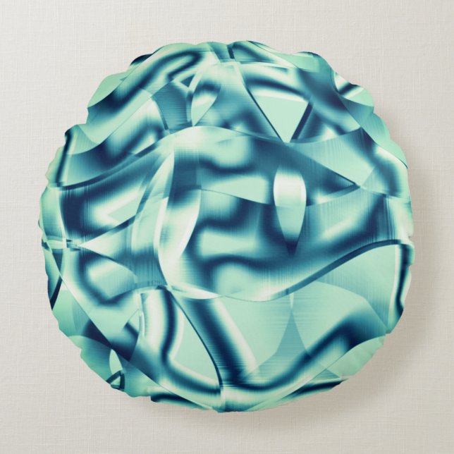 Gezwirnte, grünlich blaue Formen, schimmernde Zyan Rundes Kissen (Vorderseite)