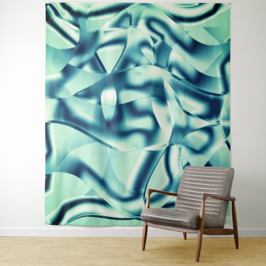 Gezwirnte, grünlich blaue Formen, schimmernde Zyan Wandteppich (Beispiel)