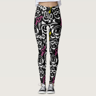 GFT02-Graffiti hauptsächlich weiß. Schwarzer Hinte Leggings