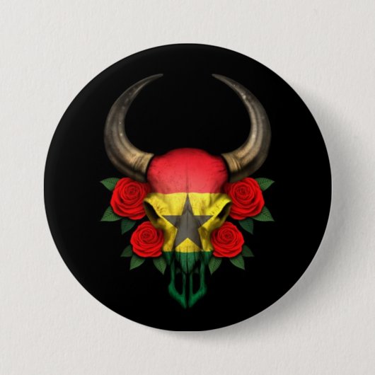 Ghana-Flaggen-Stier-Schädel mit Roten Rosen Button (Vorderseite)