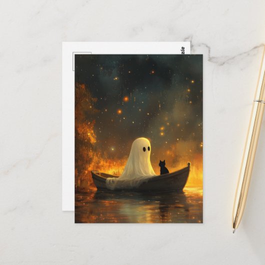 Ghost and a Cat in a Boat Postkarte (Vorderseite/Rückseite Beispiel)