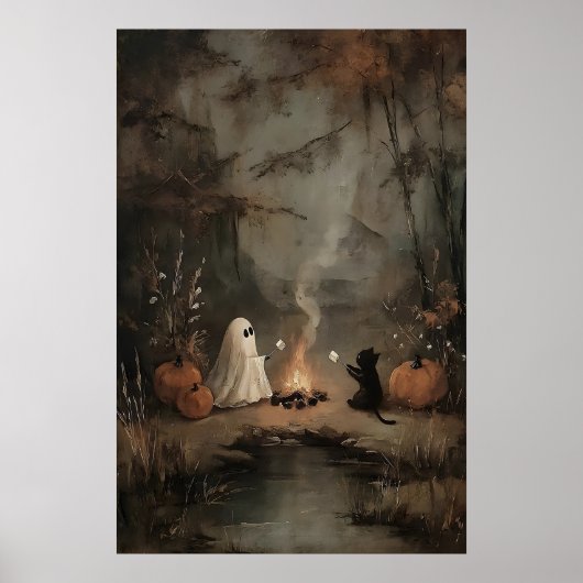 Ghost And Black Cat By Campfire With Marshmallows Poster (Vorne)
