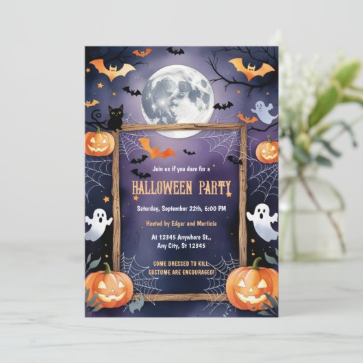 Ghost Bat Moon Pumpkin Halloween Einladung (Stehend Vorderseite)
