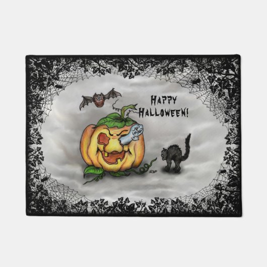 Ghost, Bat und Katze, glücklich Halloween! Fußmatte (Vorderseite)