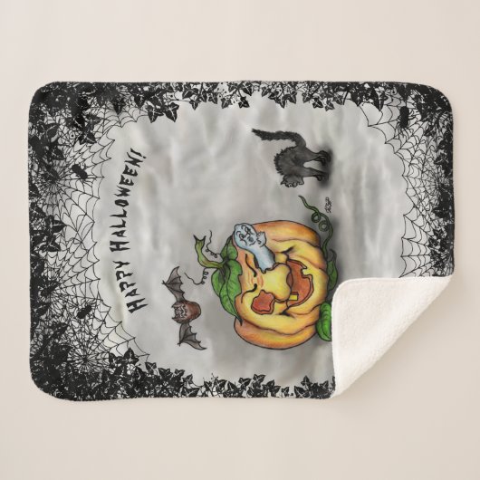 Ghost, Bat und Katze, glücklich Halloween! Sherpadecke (Vorderseite (Horizontal))