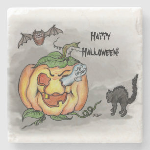 Ghost, Bat und Katze, glücklich Halloween! Steinuntersetzer