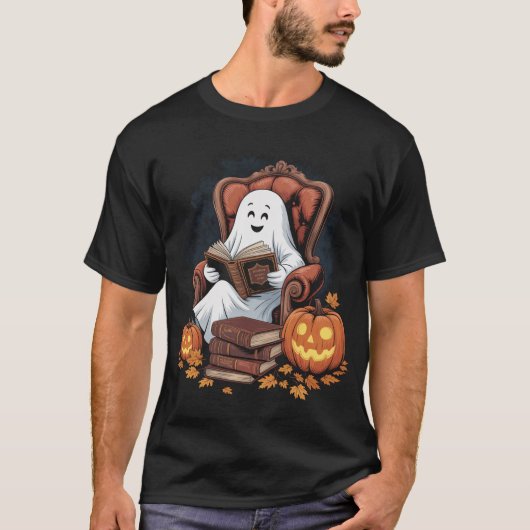Ghost Book Reading Pumpkin Halloween Lehrer T-Shirt (Vorderseite)
