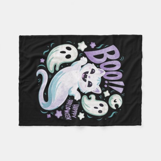 Ghost Cat Boo Kitty Halloween Fleecedecke (Vorderseite (Horizontal))