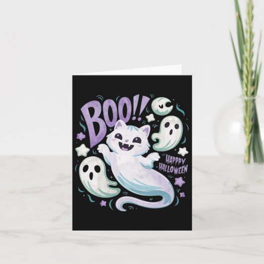 Ghost Cat Boo Kitty Halloween Karte (Vorderseite)