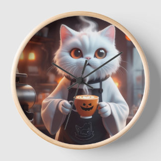 Ghost Cat Café | Whimsical Halloween Kunst Uhr