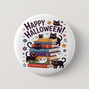 Ghost Cat Reading Books Lover Gift Halloween Spoo Button