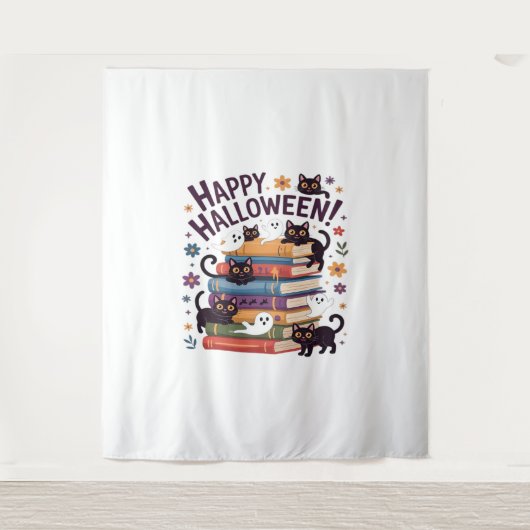 Ghost Cat Reading Books Lover Gift Halloween Spoo Wandteppich (Vorderseite)