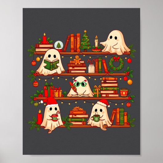 Ghost Christmas Hat Reading Book Bookshelf Lover L Poster (Vorne)