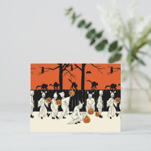 Ghost Costume Kürbislaterne Black Cat Owl Bat Postkarte (Stehend Vorderseite)