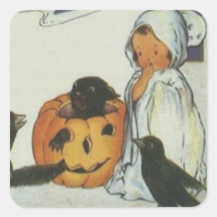 Ghost Crow Kürbislaterne Pumpkin Black Cat Quadratischer Aufkleber