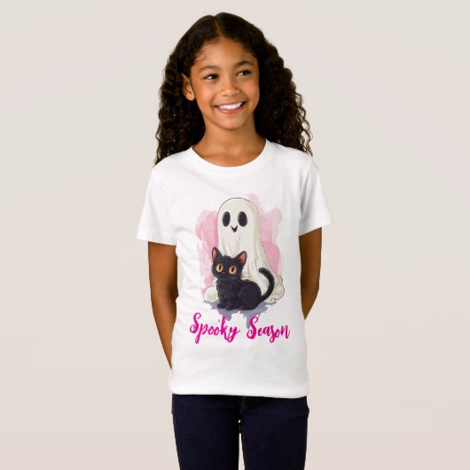 Ghost Cute Black Cat Pink Spooky Season T-Shirt (Vorne ganz)