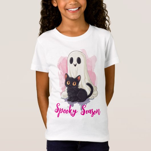 Ghost Cute Black Cat Pink Spooky Season T-Shirt (Vorderseite)