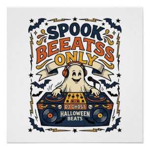 Ghost DJ Spooky Beats Vintage Gravur Halloween  Poster