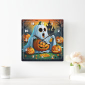 Ghost freut sich an Halloween-Leckereien! 🎃 Quadratische Wanduhr (Zuhause)