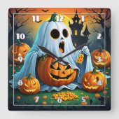 Ghost freut sich an Halloween-Leckereien! 🎃 Quadratische Wanduhr (Vorderseite)