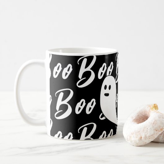 Ghost Halloween Schwarz-Weiß-Text-Muster Kaffeetasse (Mit Donut)