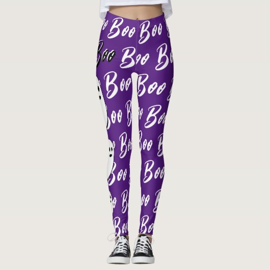 Ghost Halloween Schwarz-weißer lila Bogen Leggings (Vorderseite)