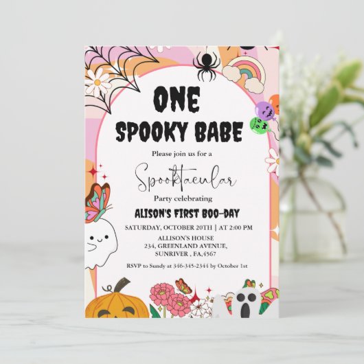 Ghost Halloween Spooky vibes Retro Groovy Geburtst Einladung (Stehend Vorderseite)