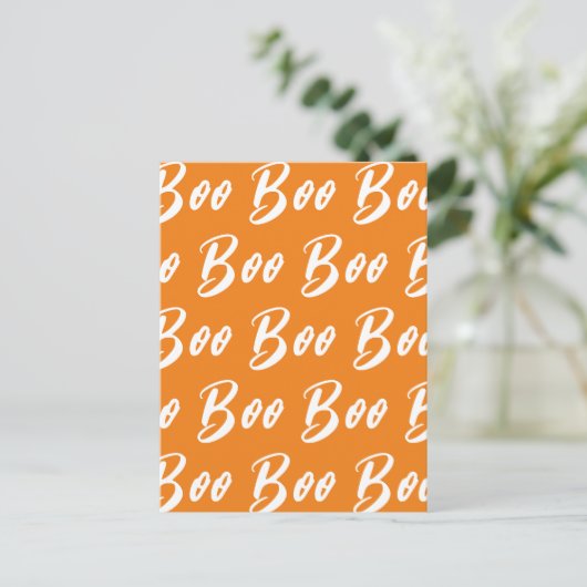 Ghost Halloween white orange boo text pattern Postkarte (Stehend Vorderseite)