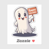 Ghost hält ein glückliches Halloween-Zeichen Aufkleber (Blatt)