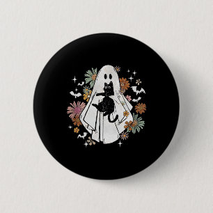 Ghost Holding Black Cat Groovy BlumenHalloween Go Button
