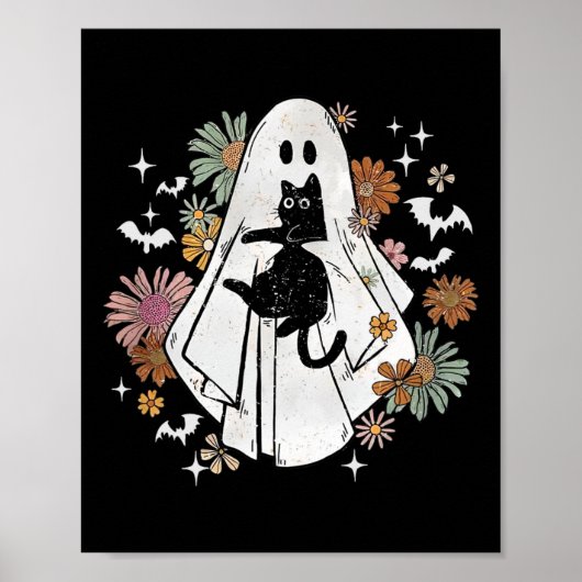 Ghost Holding Black Cat Groovy BlumenHalloween Go Poster (Vorne)