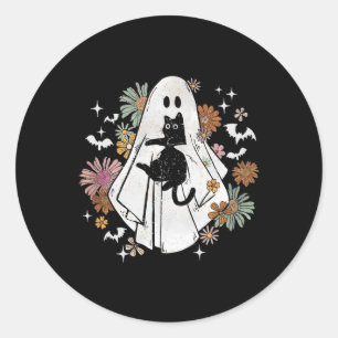 Ghost Holding Black Cat Groovy BlumenHalloween Go Runder Aufkleber