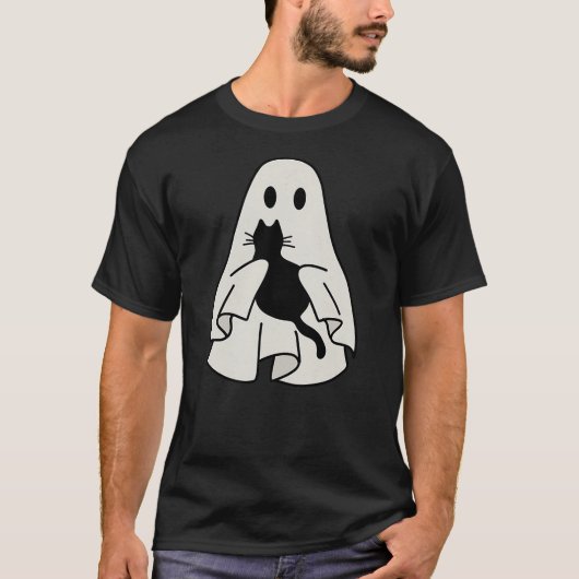 Ghost Holding Black Cat Halloween Friendship Theme T-Shirt (Vorderseite)
