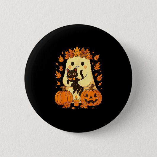 Ghost Holding Black Cat Halloween Pumpkins Herbst Button (Vorderseite)