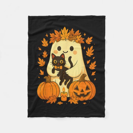 Ghost Holding Black Cat Halloween Pumpkins Herbst Fleecedecke (Vorderseite)