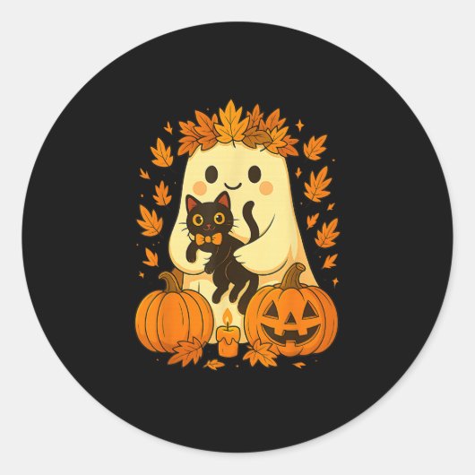 Ghost Holding Black Cat Halloween Pumpkins Herbst Runder Aufkleber (Vorderseite)
