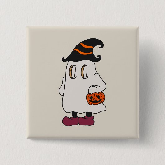 Ghost holding pumpkin and wearing witch hat button (Vorderseite)