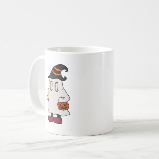 Ghost holding pumpkin and wearing witch hat kaffeetasse (Vorderseite Links)