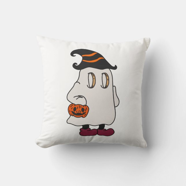 Ghost holding pumpkin and wearing witch hat kissen (Vorderseite)