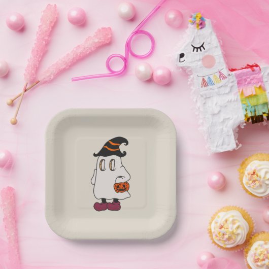 Ghost holding pumpkin and wearing witch hat pappteller (Party)