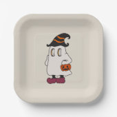 Ghost holding pumpkin and wearing witch hat pappteller (Vorderseite)